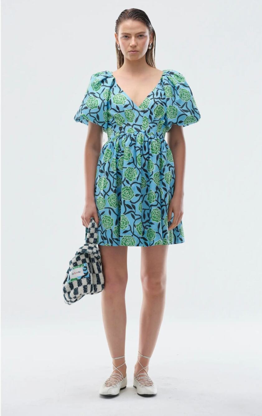 Deloreta Womens S Blue Green Floral Tati Puff Sleeve Cotton A Line Mini Dress